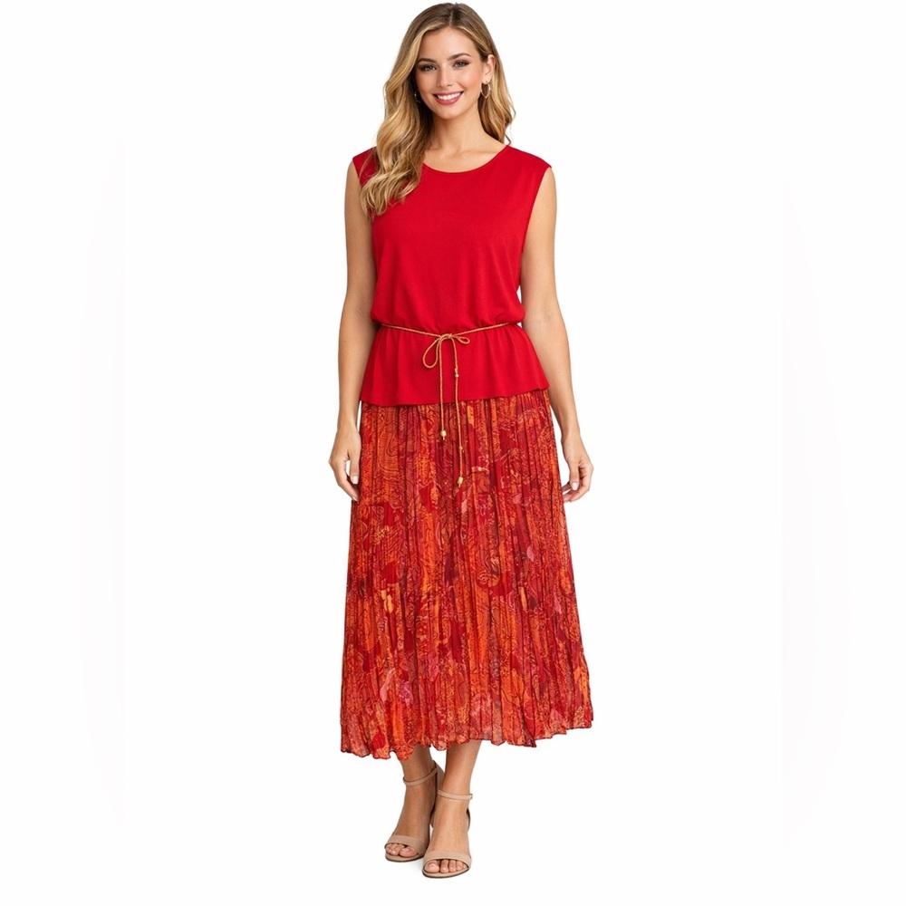 Vintage Y2K travel smith orange sleeveless plus size belted gauzy midi dress. 1X